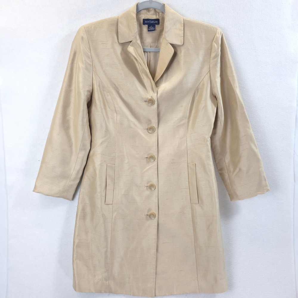 Ann Taylor Silk Longline Blazer Jacket Beige Women 2 Quiet Luxury Chic Old Money
